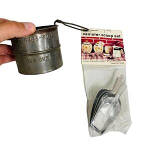 vtg 2 Cup Sifter & New Progressus 4pc Metal Canister Scoop Set In Packaging -HLN